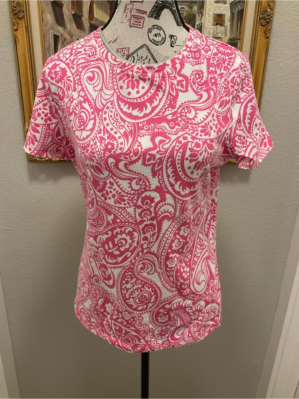 Talbots Pink & White Paisley Tee, Short Sleeve Size M